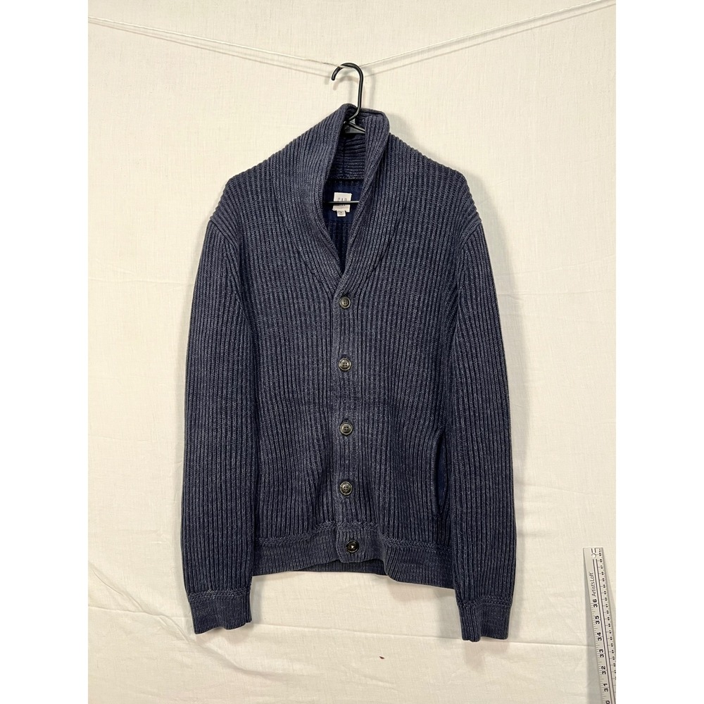 Gap Mens Shawl Collar Cardigan Sweater Navy Blue Marled Ribbed Button Front M